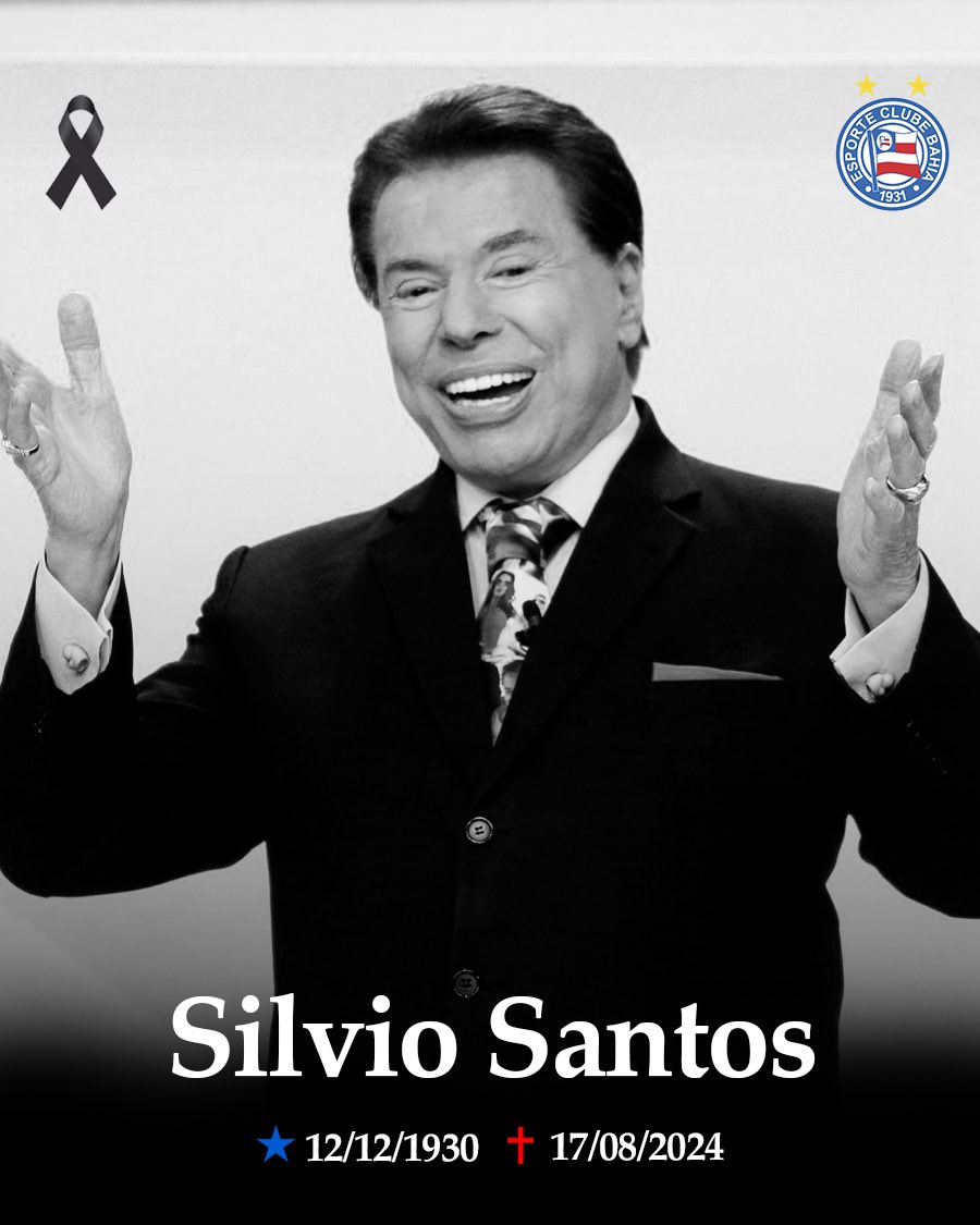 🏴 Com grande pesar, o Esporte Clube Bahia lamenta o falecimento de Silvio Santos, um dos maiores comunicadores da história de nosso país, aos 93 anos. Nossa solidariedade aos amigos e familiares. #NotaDePesar