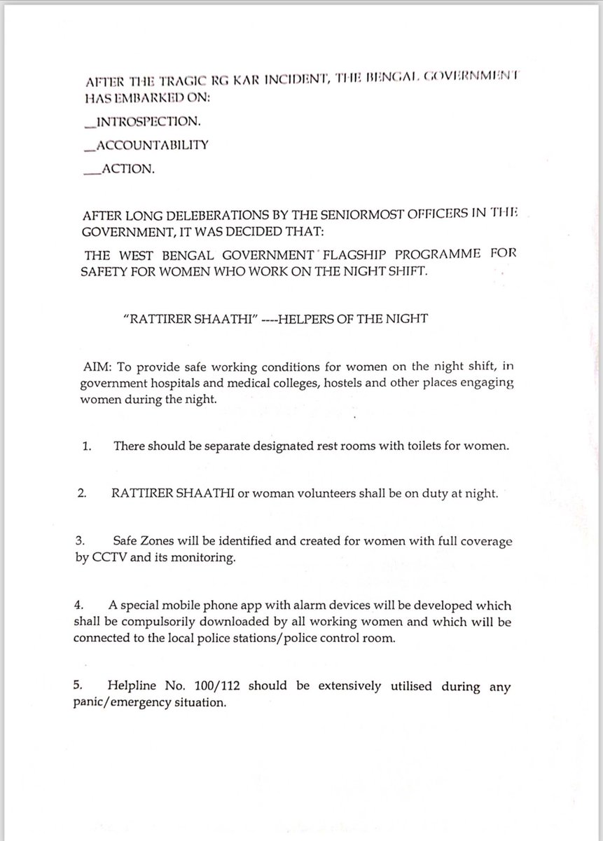 pooja_news's tweet photo. #Breaking: #WestBengal govt draws new measures for women’s safety across the stae in the backdrop of rape & murder of a doctor. 

Some of the decisions for safe working conditions for women: 

Working hours for women doctors should not exceed 12 hours and night duty to be avoided as much as possible.

Security check & Breathalyzer Test will be carried at medical colleges and hospitals, superspeciality hospitals, district hospitals.

There should be separate designated rest rooms with toilets for women. 

Women volunteers will be deployed at night under the force named as ratirer sathi. 

CCTV monitored of safe rooms. 

Ratri sathi includes Special mobile phone app with alarm which will be connected to local PS. 

112 should be established for Panic situation & Security check to be made mandatory. 

All organisation to set up Vishaka  committee for sexual harrasment if not done already. 

Programme related to women safety to be organised across districts. 

Night police patrolling in women colleges, hospitals & women hostel. 

Identity Card wearing for staffs & Faculties to be made mandatory. 

Security guard should be both male and female.