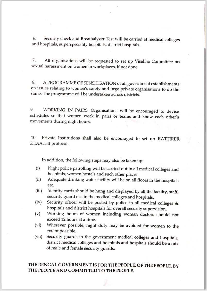 pooja_news's tweet photo. #Breaking: #WestBengal govt draws new measures for women’s safety across the stae in the backdrop of rape & murder of a doctor. 

Some of the decisions for safe working conditions for women: 

Working hours for women doctors should not exceed 12 hours and night duty to be avoided as much as possible.

Security check & Breathalyzer Test will be carried at medical colleges and hospitals, superspeciality hospitals, district hospitals.

There should be separate designated rest rooms with toilets for women. 

Women volunteers will be deployed at night under the force named as ratirer sathi. 

CCTV monitored of safe rooms. 

Ratri sathi includes Special mobile phone app with alarm which will be connected to local PS. 

112 should be established for Panic situation & Security check to be made mandatory. 

All organisation to set up Vishaka  committee for sexual harrasment if not done already. 

Programme related to women safety to be organised across districts. 

Night police patrolling in women colleges, hospitals & women hostel. 

Identity Card wearing for staffs & Faculties to be made mandatory. 

Security guard should be both male and female.