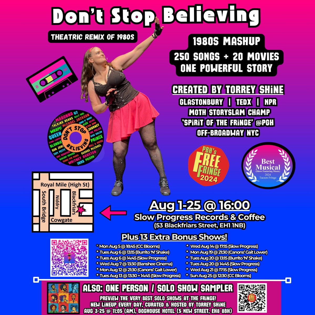 TorreyShine's tweet photo. @Lou_Bookmarks @edfringe I'd love to have you chatting up my solo show on a bus one day! 
Please consider "Don't Stop Believing: Theatric Remix of 1980s". It's a heartfelt coming-of-age story infused with the music of the 1980s. @one4review just called it a "masterpiece... a genius piece of work" https://t.co/Zvfrmj2TlR