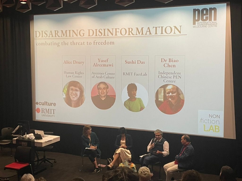nonfictionLab's tweet image. Last week we collaborated with @PENMelbourne on Disarming Disinformation at @RMIT feat. @AliceDrury Yusef Alreemawi (Averrose Centre of Arab Culture), @SushiDas1 &amp;amp; Dr Biao Chen (Independent Chinese PEN Centre). Congrats to organisers @JosieeBanner and @PetaMurray1