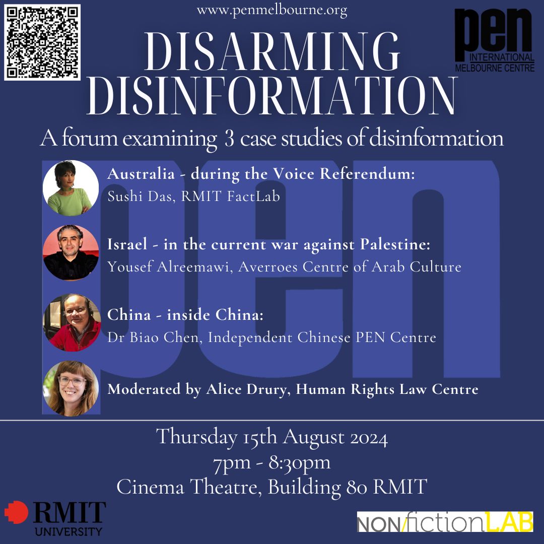 nonfictionLab's tweet image. Last week we collaborated with @PENMelbourne on Disarming Disinformation at @RMIT feat. @AliceDrury Yusef Alreemawi (Averrose Centre of Arab Culture), @SushiDas1 &amp;amp; Dr Biao Chen (Independent Chinese PEN Centre). Congrats to organisers @JosieeBanner and @PetaMurray1