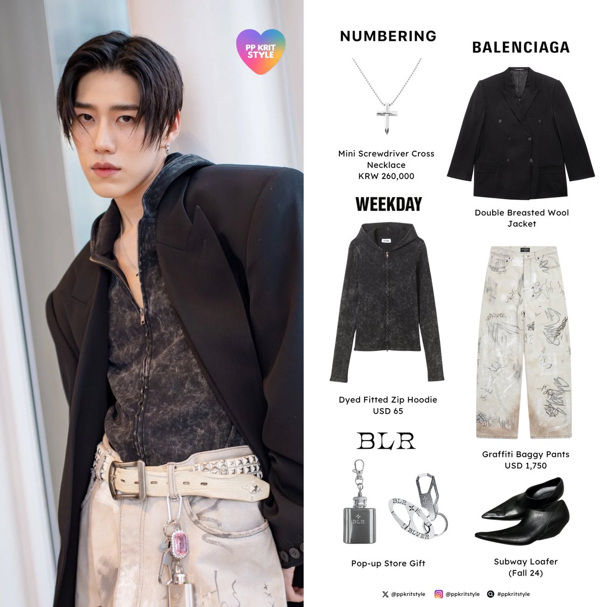 ppkritstyle's tweet image. PP KRIT STYLE : #การเดินทางที่สวยงามบนเส้นเรื่องเดิมที่ไม่เคยลังเลเพราะฉันชอบตัวเองตอนอยู่กับเธอ

#Balenciaga Jacket, Graffiti Baggy Pants, Subway Loafer
#Weekday Dyed Fitted Zip Hoodie
#Numbering #넘버링 Mini Screwdriver Cross Necklace
#BLR #비엘알⛓️‍💥

#ppkritt #ppkritstyle