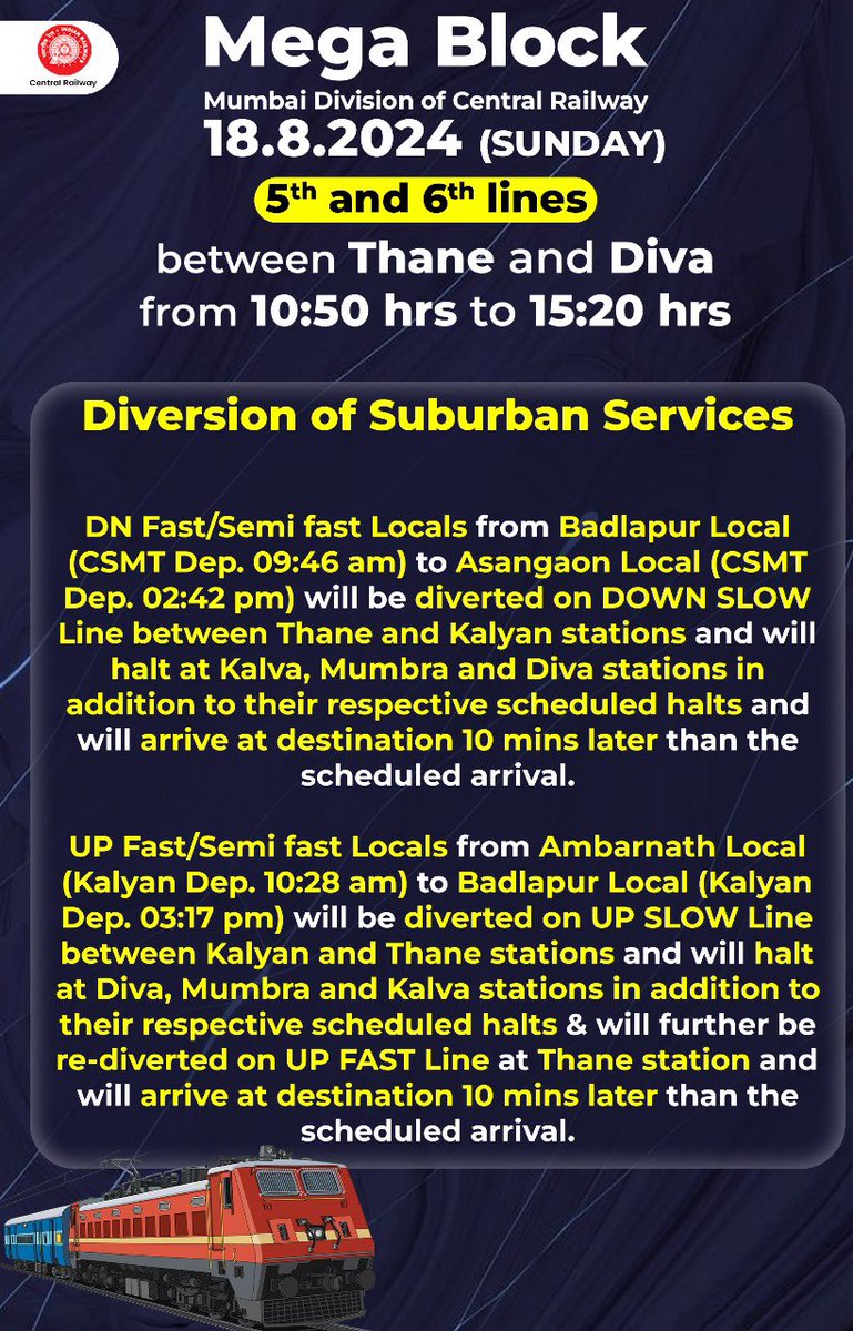 Central_Railway's tweet image. Attention Passengers! 🚨 🚧
Mega Block on Main Lines &amp;amp; Harbour line on 18.08.2024 (Sunday). 
Check the schedule for the first and last locals before and after the block. 
Plan your travel accordingly.
#MegaBlock #SundayBlock