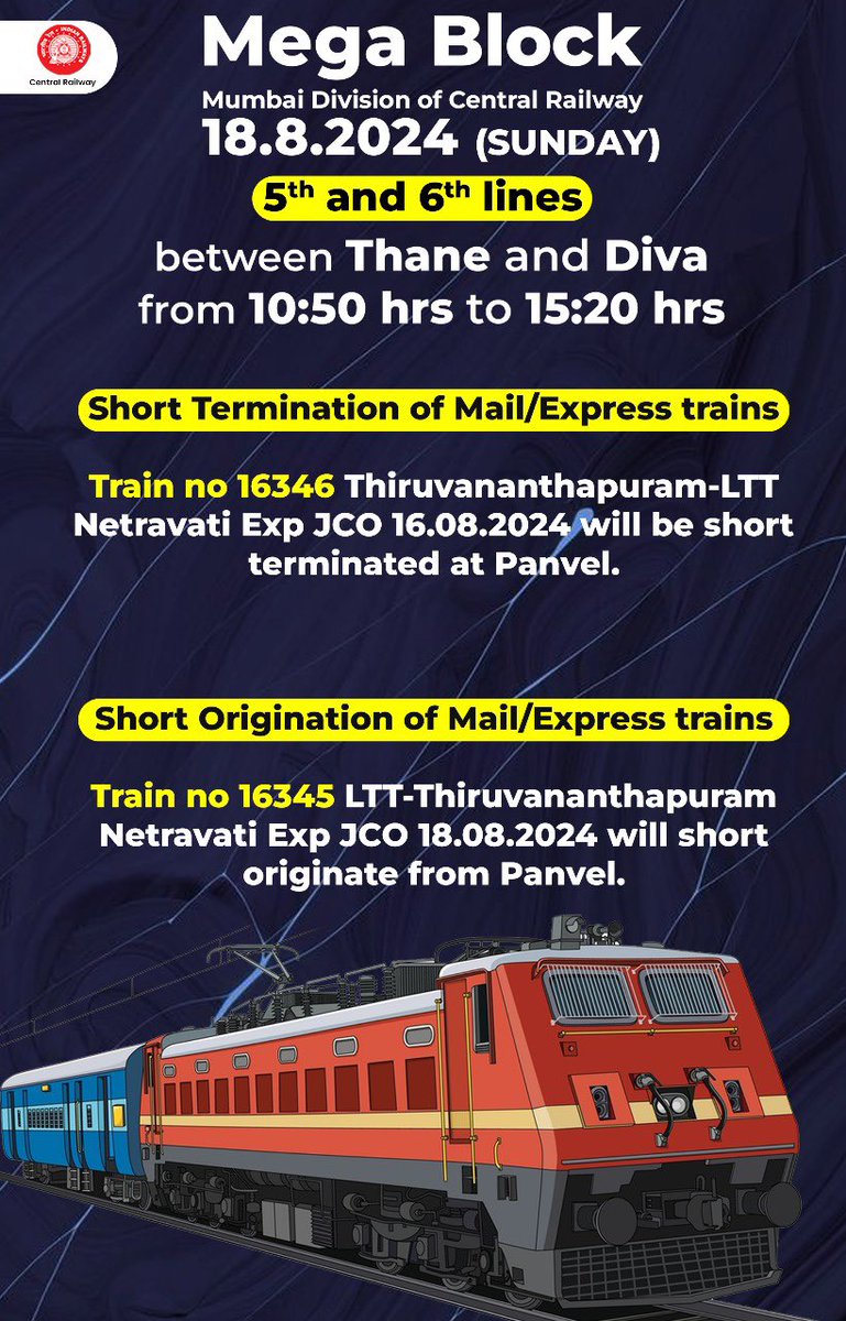 Central_Railway's tweet image. Attention Passengers! 🚨 🚧
Mega Block on Main Lines &amp;amp; Harbour line on 18.08.2024 (Sunday). 
Check the schedule for the first and last locals before and after the block. 
Plan your travel accordingly.
#MegaBlock #SundayBlock