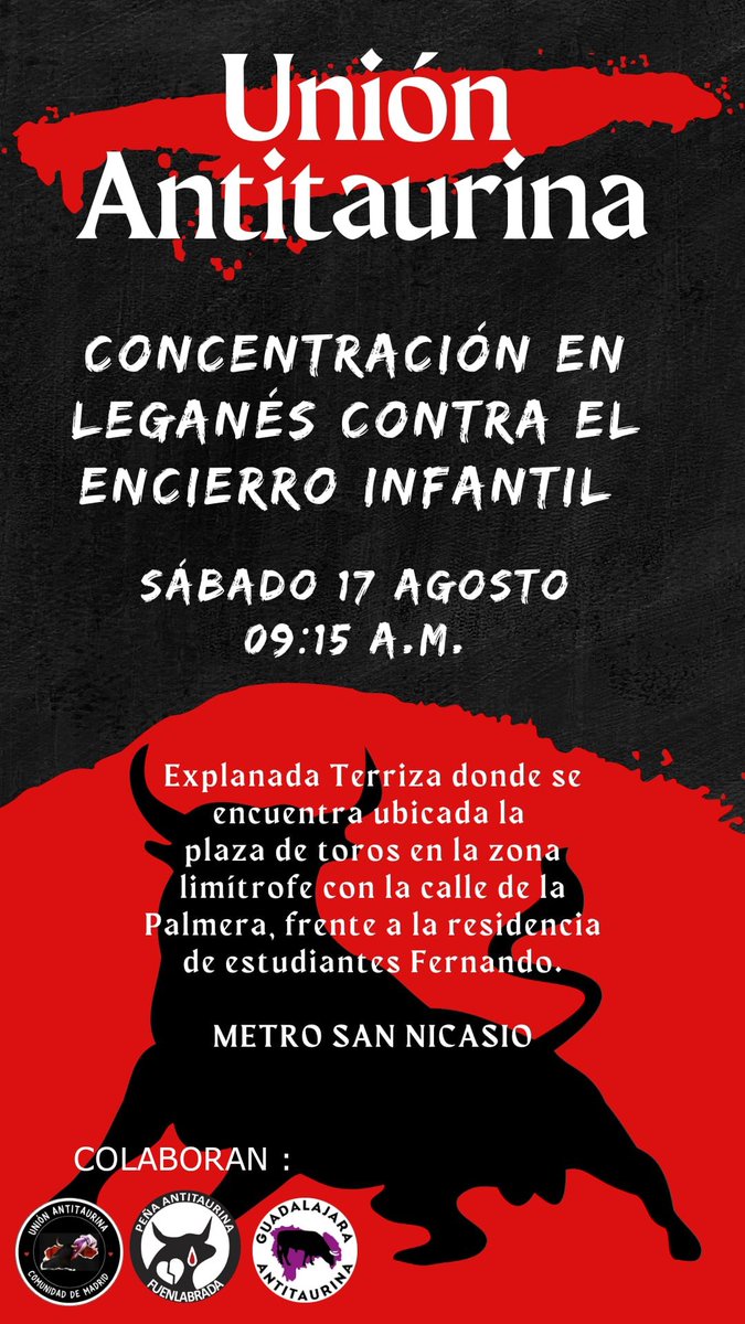 FuenlaAntitaur's tweet photo. Tras 6 años sin torturar animales Leganes ha decidido retomar esta "tradición" llevando de nuevo  sadismo, tortura y asesinatos a sus calles. Comenzando con  encierros infantiles. Triste imagen ver desfilando a niños a ver un espectáculo dantesco.  @AytoLeganes 
#StopTortura https://t.co/6csSk4o1JT