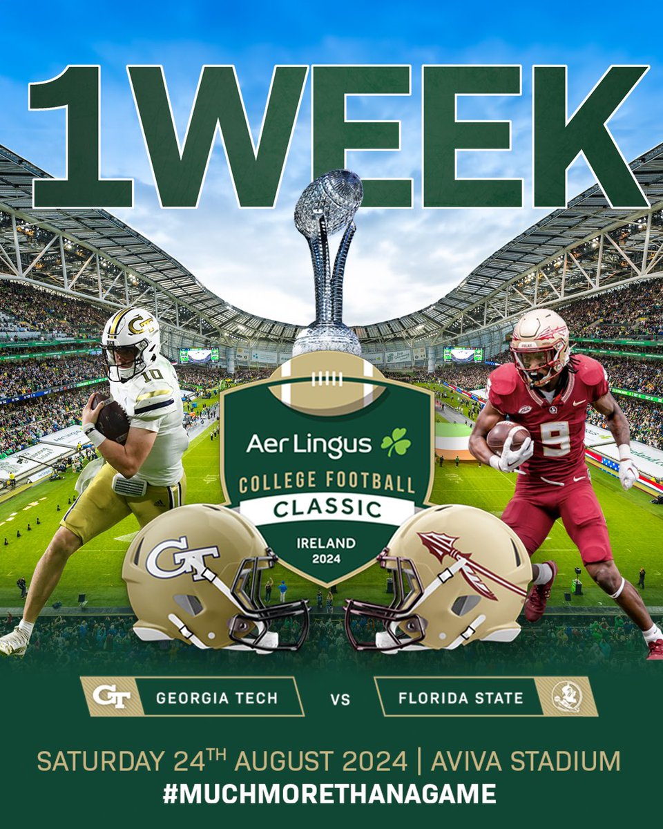 This time next week… 🇮🇪🏈

We are just 1️⃣ Week away from the 2024 <a href="/AerLingus/">Aer Lingus</a> College Football Classic between <a href="/GeorgiaTechFB/">Georgia Tech Football</a> and <a href="/FSUFootball/">FSU Football</a>! 

📲 You can download the Offical Game App at: collegefootballireland.com/app/

#MuchMoreThanAGame | #TouchdownDublin | #TouchdownIreland