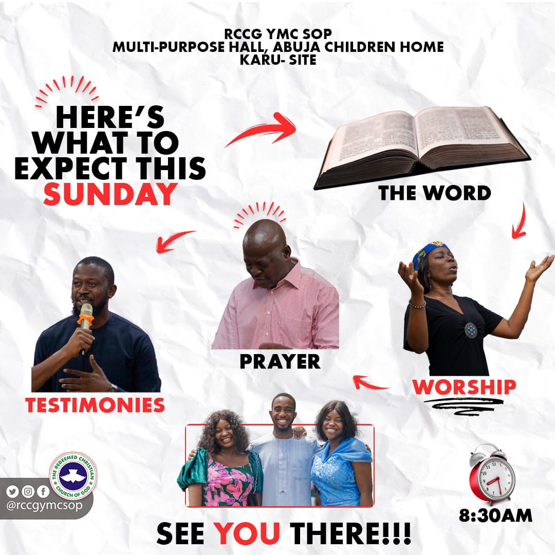 rccgsopabj's tweet photo. Here is what to expect tomorrow when you join us in church.
๐Abuja Children's Home, Multipurpose Hall, Opposite Blooming Chicken, Karu Site.
We can't wait to welcome you.
#RCCGYMCSOP | #AbujaXCommunity https://t.co/3fJD2yMCon
