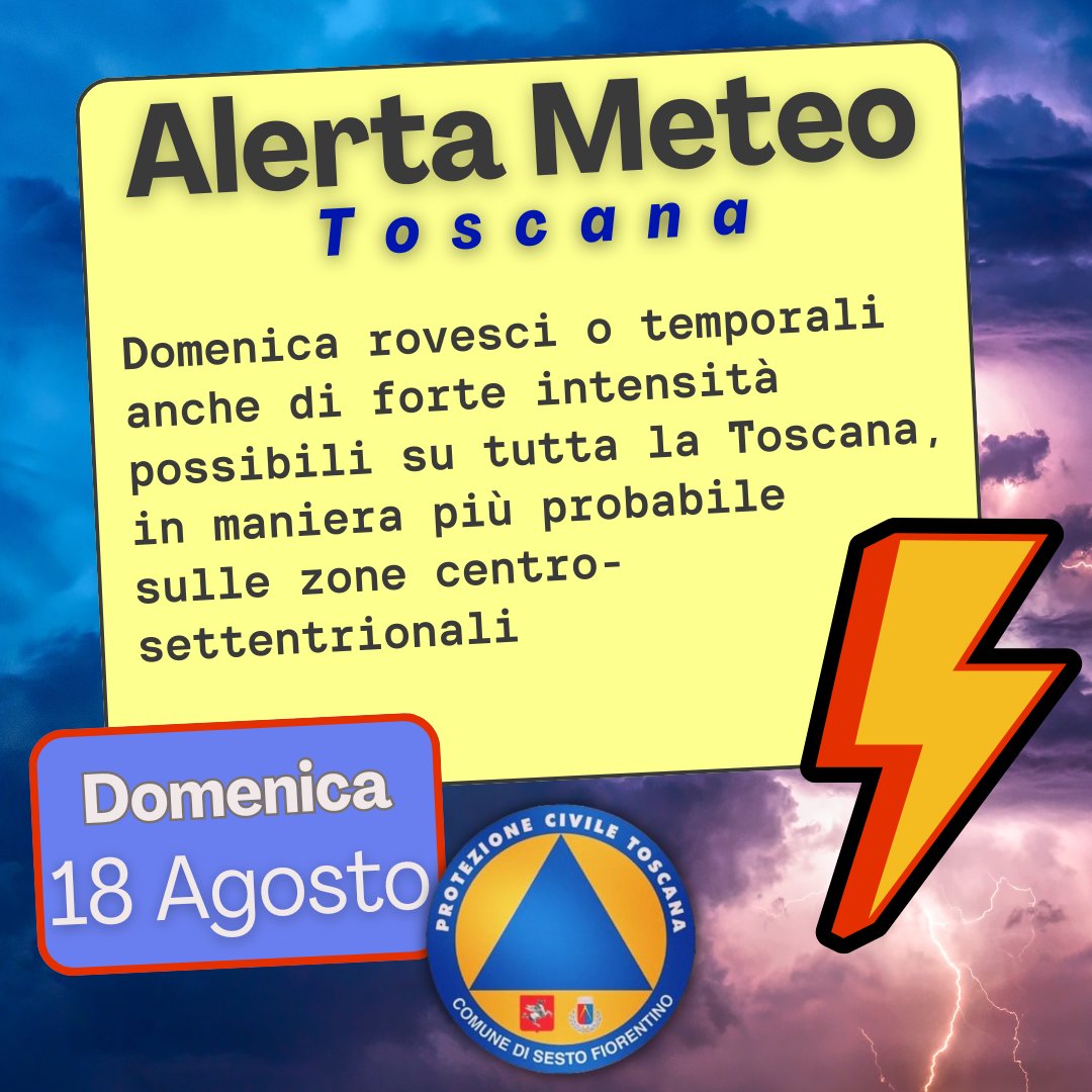 🟡 #AllertaMeteoTOS

⛈ Rischio #Temporale
📍in #Toscana
⏲️ #Domenica #18Agosto

⛈  Possibili rovesci di forte intensità

#PCSesto #ProtezioneCivile #SestoFiorentino #Firenze #Arezzo #Grosseto #Livorno #Lucca #MassaCarrara #Pisa #Pistoia #Prato #Siena #17agosto
