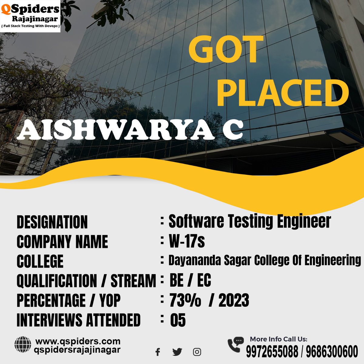 QRajajinagar's tweet image. AISHWARYA C 
Congratulations for getting placed as SOFTWARE TESTING ENGINEER from Qspiders Rajajinagar

Contact us for any queries
9972655088 / 9686300600

#qspidersrajajinagar
#dayanandasagarcollegeofengineering 
#2023passouts 
#softwaretestingfullstack
#withdevops