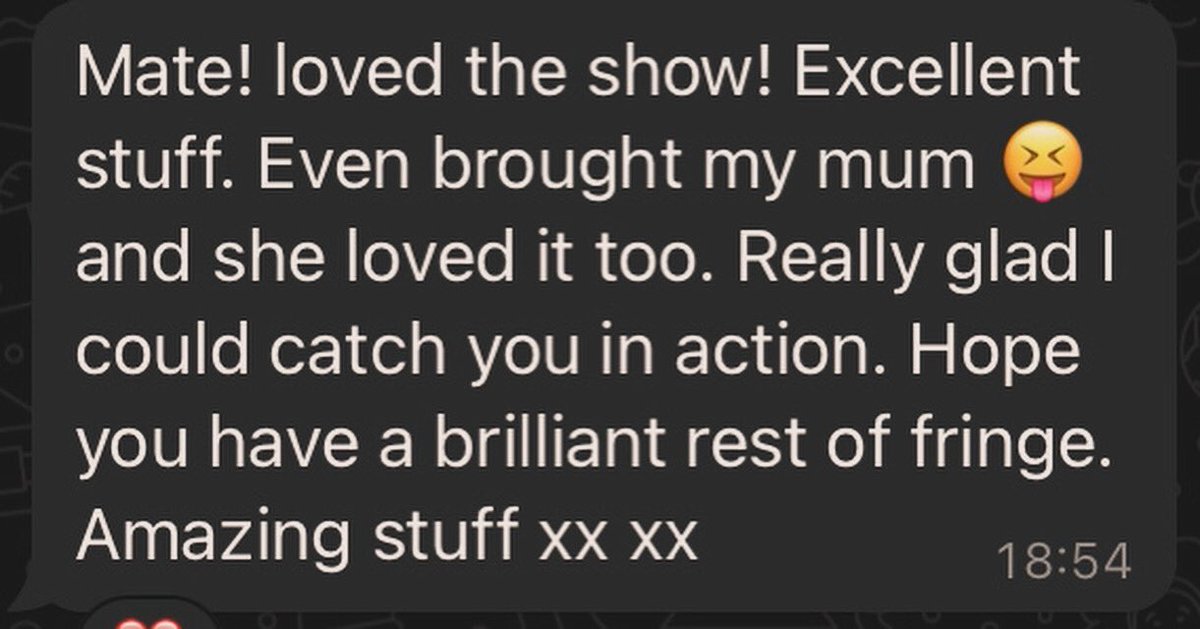Joshua Robertson (@yeahmanog) on Twitter photo After yesterday’s hour show..an audience member sent me this lovely message. <a href="/edfringe/">Edinburgh Festival Fringe</a> #enableme After yesterday’s hour show..an audience member sent me this lovely message. <a href="/edfringe/">Edinburgh Festival Fringe</a> #enableme