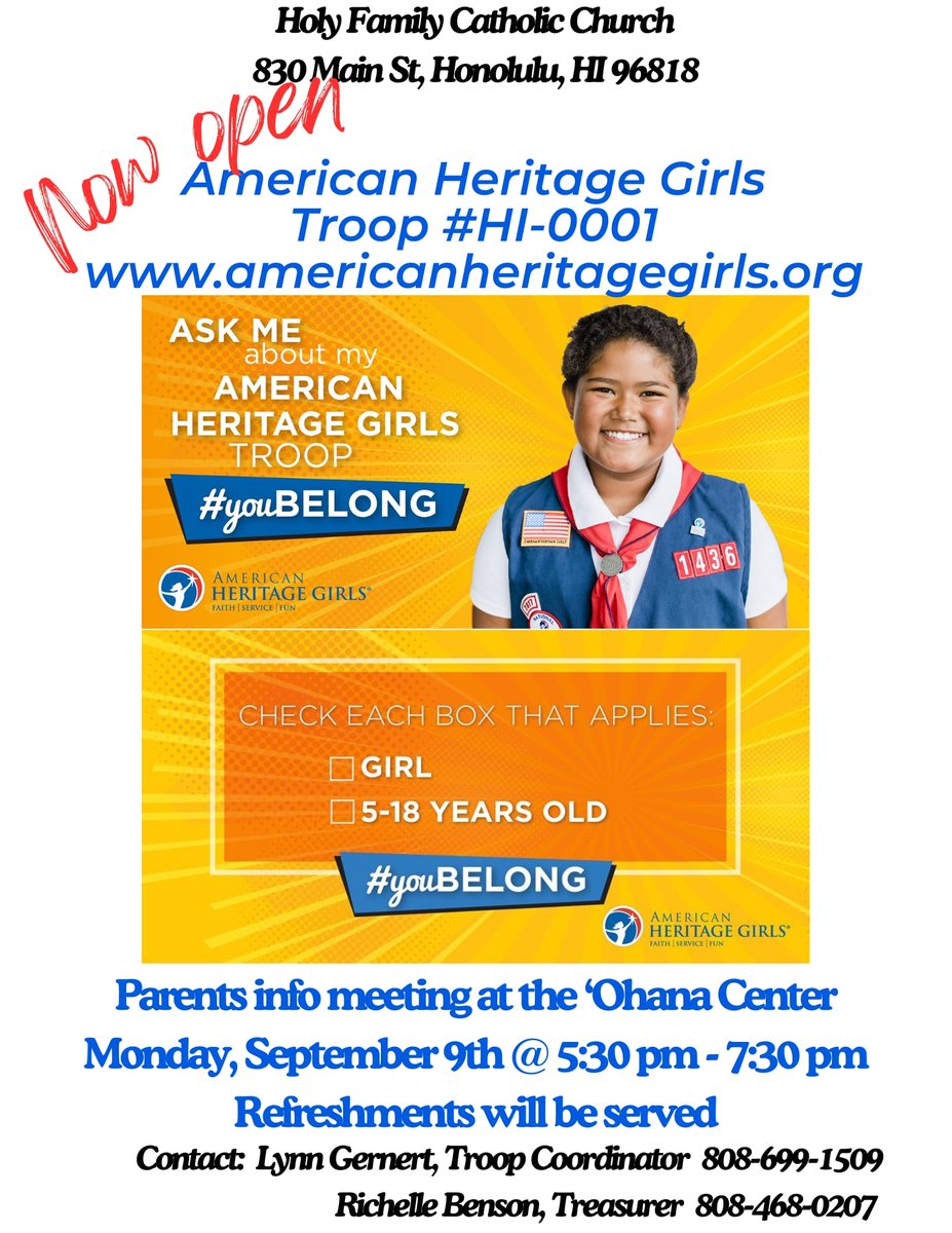 rishLbenson's tweet image. American Heritage Girls Troop HI-0001 is RE-LOCATING!
Come join us at Holy Family Catholic Church in the 'Ohana Center
Monday, September 9th at 5:30 pm
Refreshments will be served
#americanheritagegirls #ahgfun #AHG #FaithServiceFun #iloveahg
