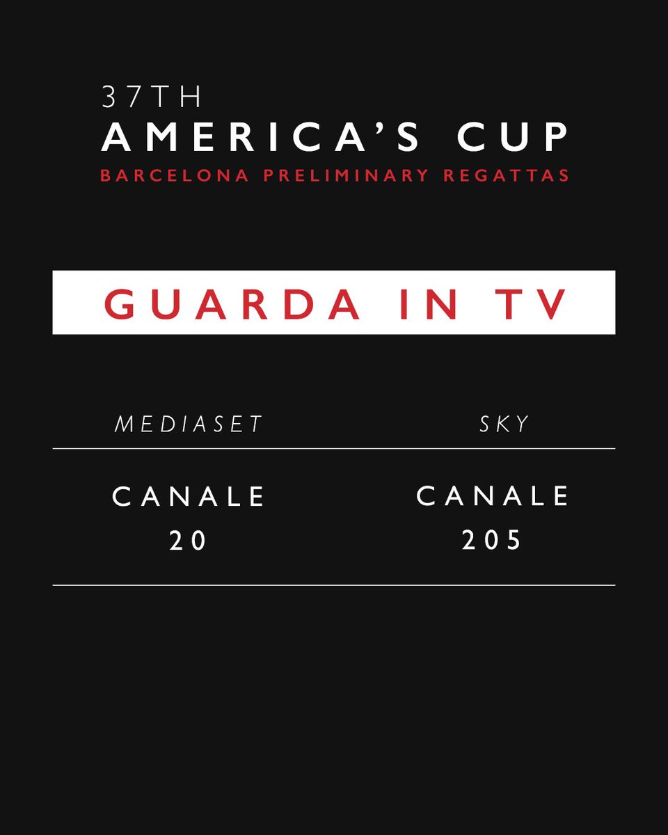 lunarossa's tweet photo. The countdown has started.
Watch the race live on TV and Online on Luna Rossa Prada Pirelli website to share the excitement and adrenaline of the regatta with the team.

#LunaRossa #LunaRossaPradaPirelli #AmericasCup #Sailing #Sailor #FoilingBoat @prada @pirelli @americascup https://t.co/6gCiYhmChD