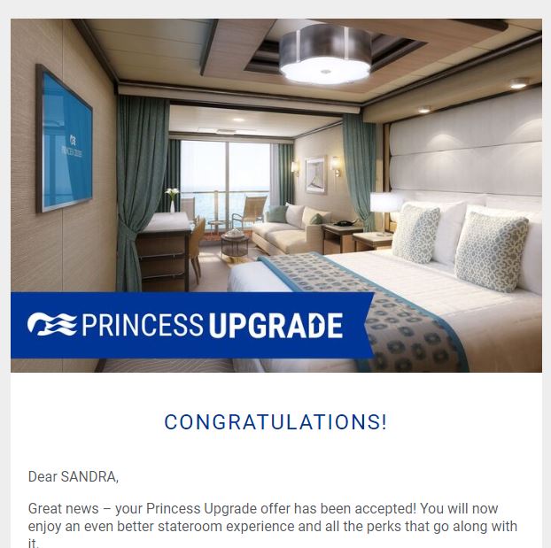 britsonaship's tweet photo. Woohoo! Our upgrade bid has just been accepted! We're back on Sun Princess next month and this time we're living it up in a suite! Cannot wait! 😍 #ILoveThis #SunPrincess https://t.co/T1aiqwdivm