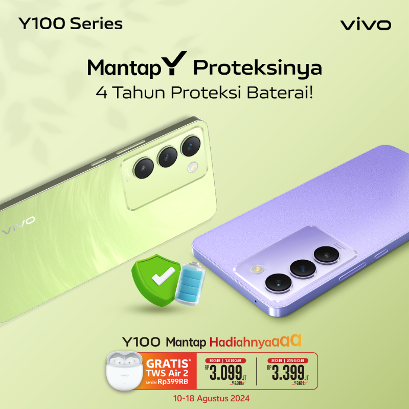 vivo_indonesia's tweet photo. Bayangin deh punya smartphone proteksi baterainya sampai 4 tahun 🤔

#vivoY100Series punya lohh!

Ada #MerdekaPromo yang pasti #MantapHadiahnya, setiap pembelian gratis vivo TWS Air2 😍