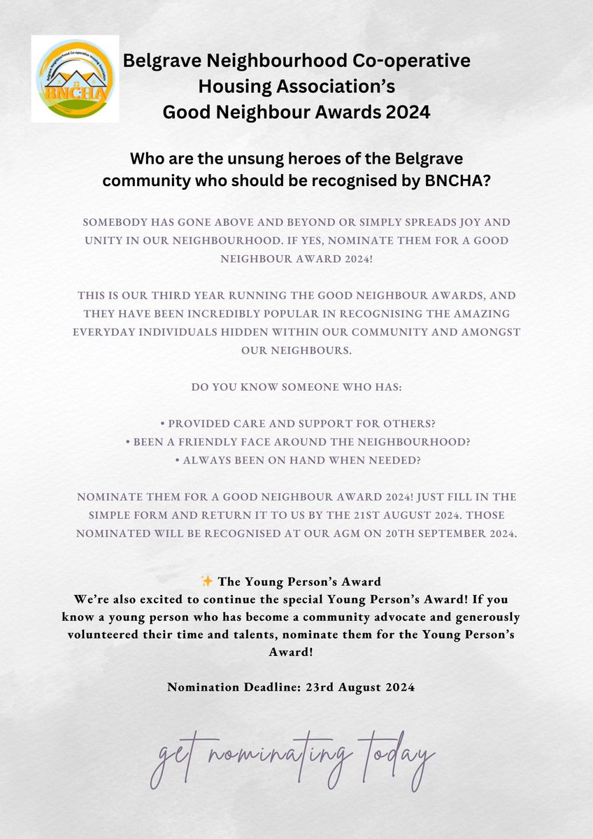 Do you know an unsung hero in the community? Nominate them for our Good Neighbour Awards 2024! Whether they've made a difference with a helping hand or just spread joy, we want to hear about them! Call 0116 50 20 888 to request a nomination form. #GoodNeighbourAwards