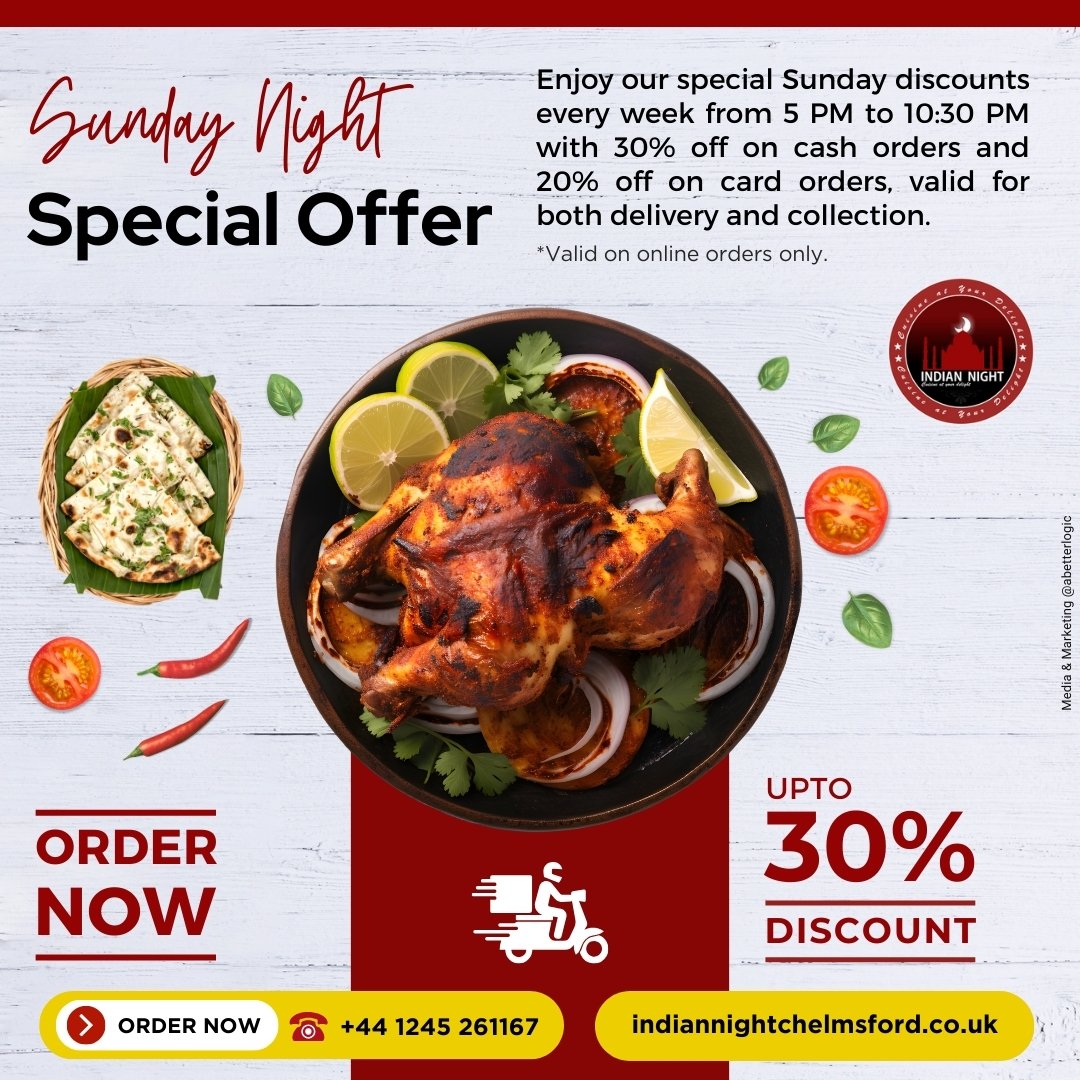 Indiannightc's tweet photo. Every Sunday from 5 PM to 10:30 PM, enjoy up to 30% off on cash orders and 20% off on card payments, available for both delivery and collection. Don’t miss these fantastic offers! *Valid for online orders only. 🍛✨

Order Online: https://t.co/p7FwmCFSlS

#IndianNight https://t.co/DIKikaPDsj