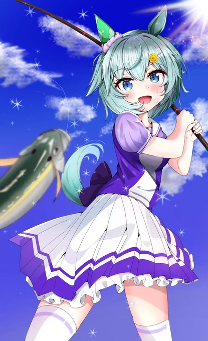 #みなさん2年前の今頃はどんな絵描いてましたか #ウマ娘 釣りをしてるスカイちゃんと、海に落ちちゃったキングちゃん描いてました〜!