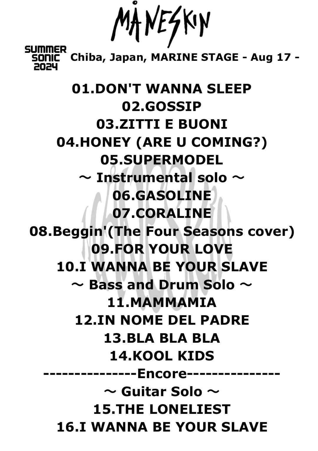 G-jo on X: MÅNESKIN MANESKIN マネスキン summersonic サマーソニック サマソニ セトリ  セットリスト setlist t.coXdBUI4qZJR  X