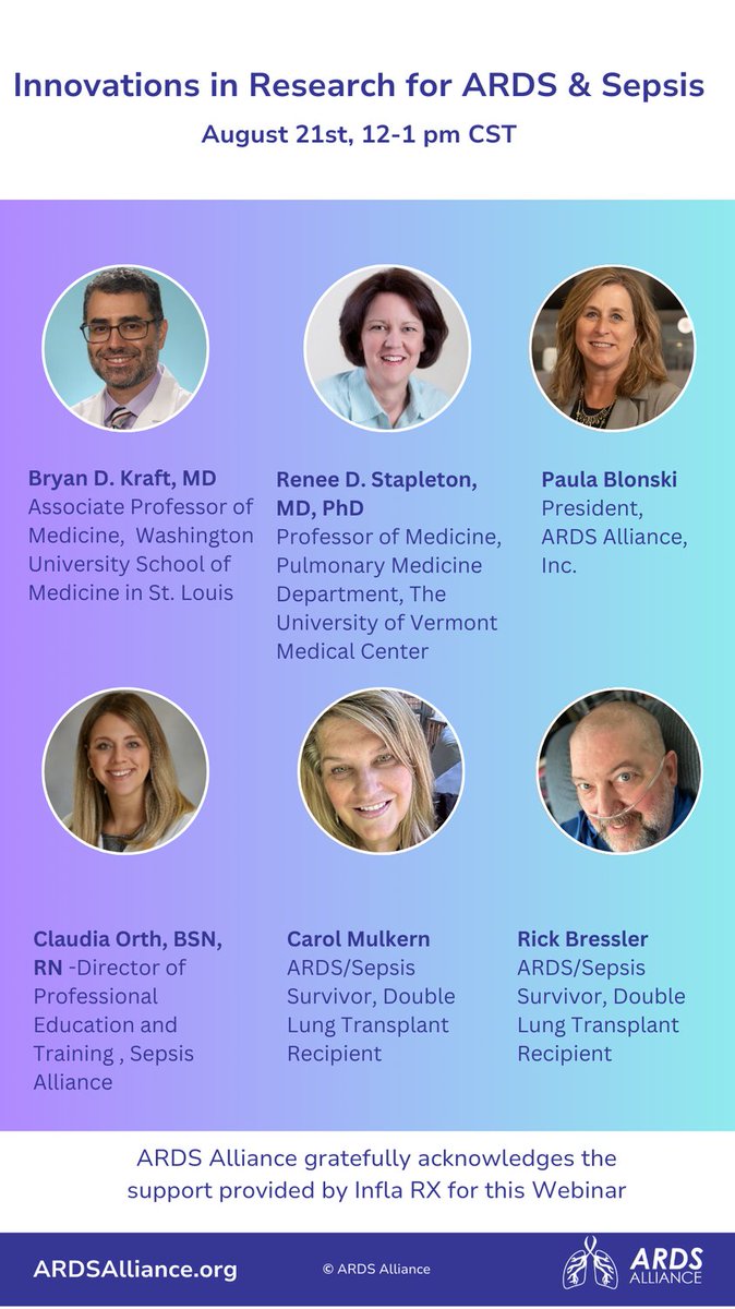 Register today!  The ARDS Alliance is hosting a webinar on Wednesday, August 21st from 12-1 pm cst. 

We will discuss the latest advancements in the research and treatment of Acute Respiratory Distress Syndrome (ARDS) and Sepsis.  

To register go to:
mailchi.mp/ardsalliance/w…
