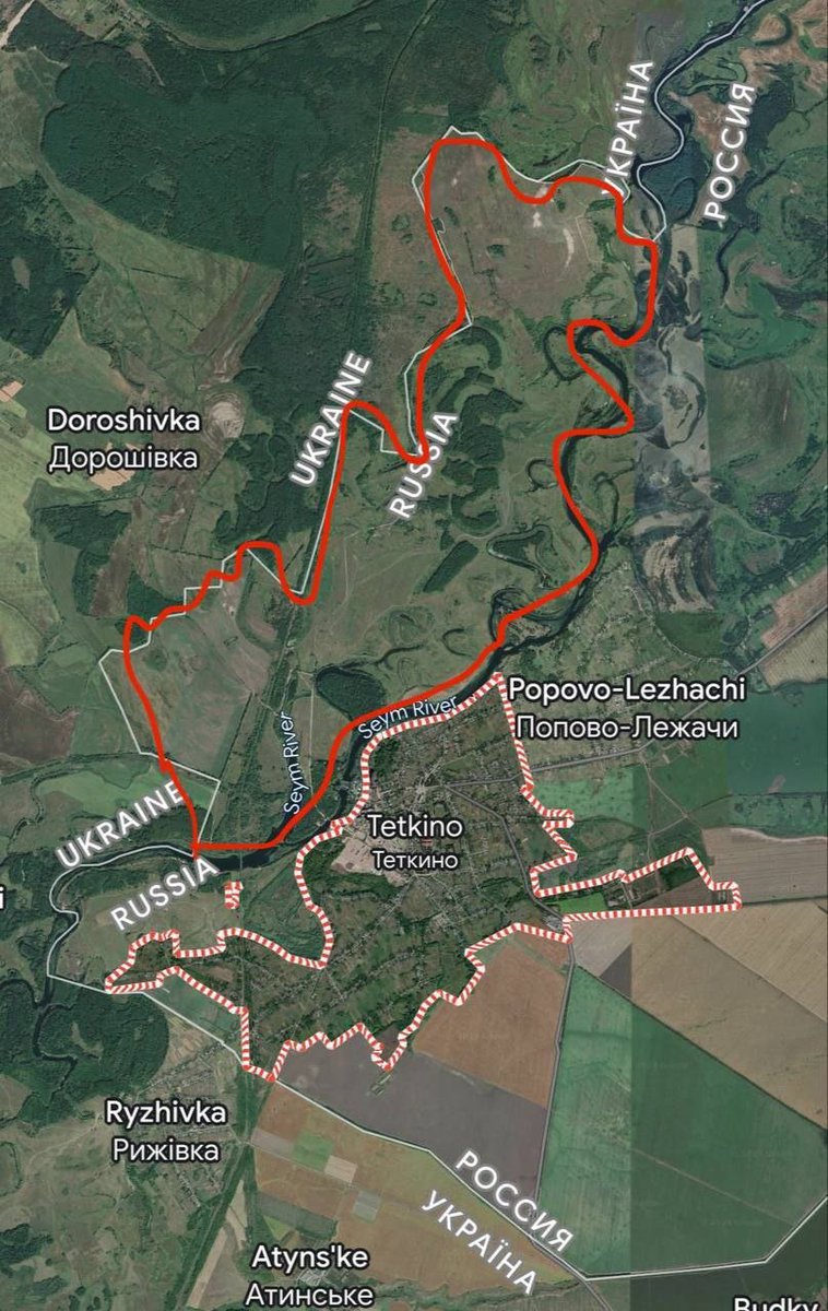 UKikaski's tweet image. Russian sources are reporting that their forces have &quot;retreated&quot; from positions east of the #psel river north of #Tetkino.

See map 3 for the area they abandoned which would easily turn into a gauntlet should they lose the bridge at 51.278455, 34.269859 (map 4).