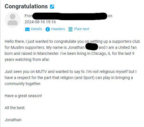 We received this lovely email from Jonathan, a Manchester lad based in the USA. in sha Allah one of our aims is to bring fans together and break barriers ♥️ 

#ManchesterUnited #ManUtd #ManchesterUnitedvsFulham