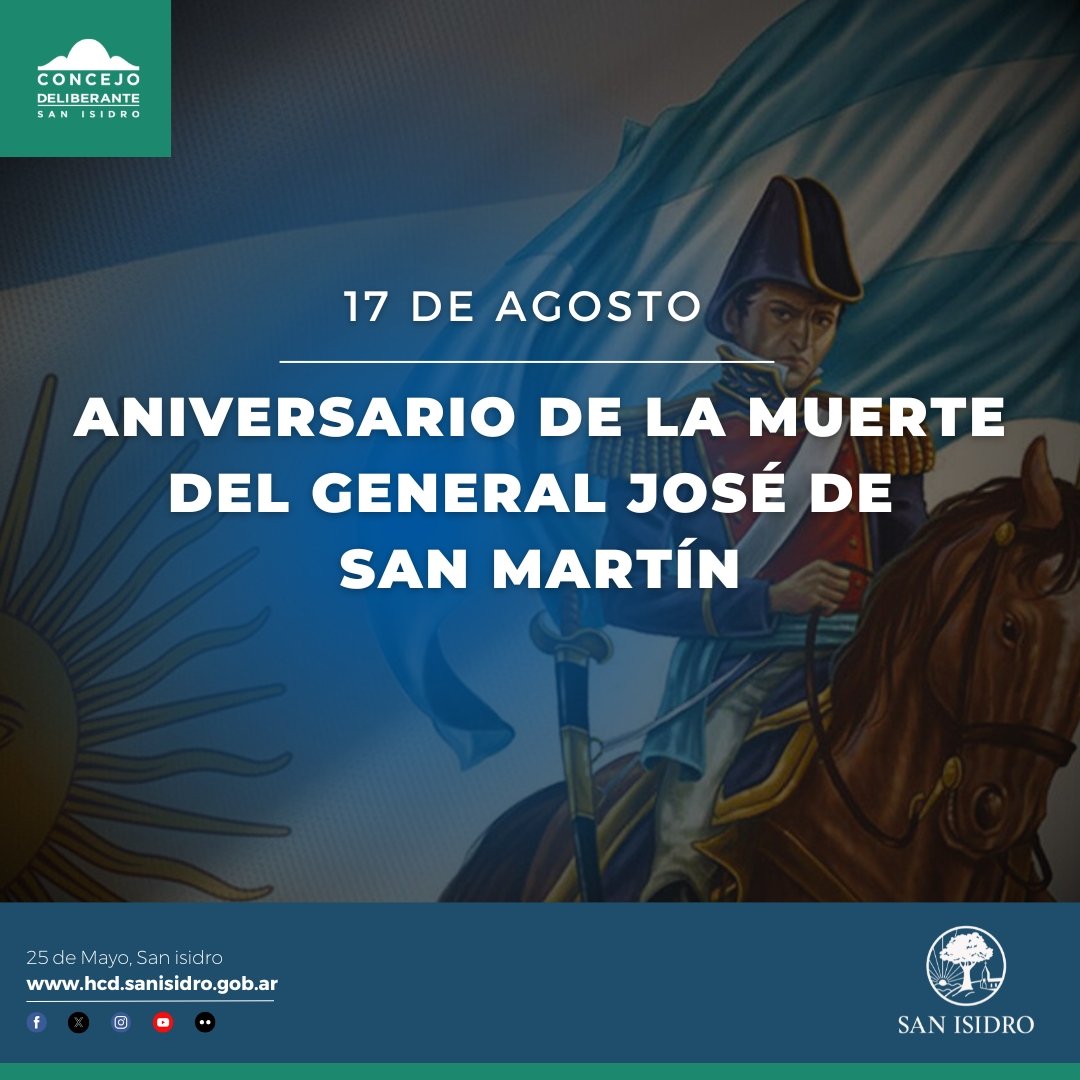 17 de agosto - Conmemoración del Paso a la Inmortalidad del José de San Martín 🇦🇷 

Un día como hoy, pero hace 174 años, fallecía en Boulogne-Sur-Mer 🇫🇷, a los 72 años de edad, la figura central en la independencia de Argentina, Chile y Perú. 

#PadreDeLaPatria