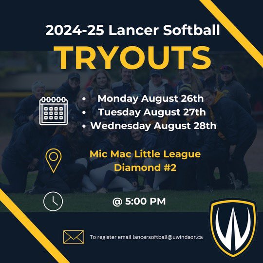 T-9 Days until tryouts start!! Make sure to email lancersoftball@uwindsor.ca to register! 💙💛