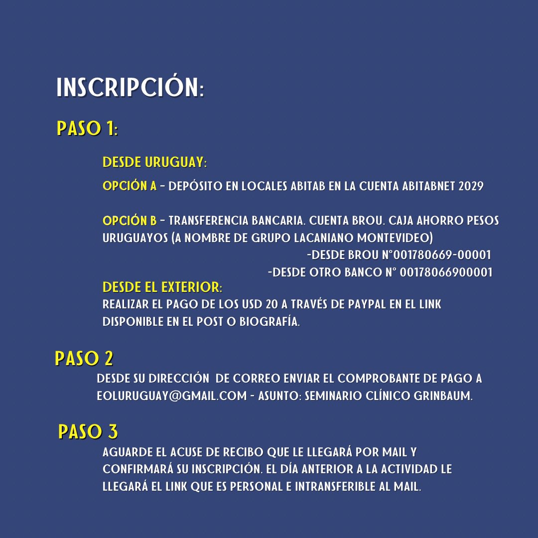 eoluruguay's tweet photo. El 21 de agosto se llevará a cabo el próximo seminario clínico de la Delegación. En esa ocasión, Gabi Grinbaum será la invitada, y contaremos con la participación de Analia Barbery y la coordinación de Florencia Fernández.

Actividad online arancelada, con inscripción previa. https://t.co/Mt1neAtehE
