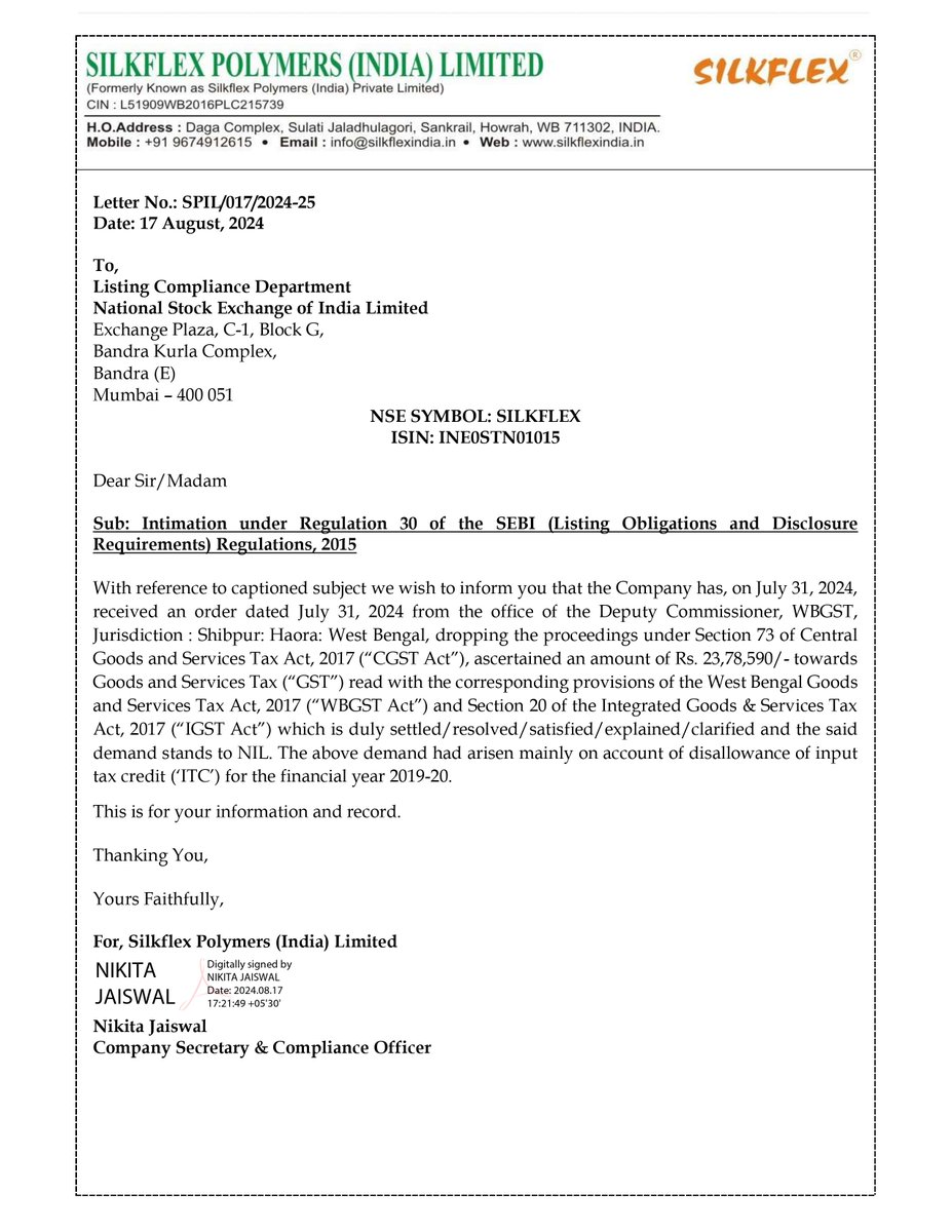 nileshkurhade's tweet photo. 📌 Silkflex Polymers (India) Ltd informed the exchange about an order from the Deputy Commissioner, WBGST, which has resolved a previously ascertained GST demand of ₹23,78,590 to NIL after clarifications related to input tax credit for FY 2019-20. #SME #SILKFLEX 📄✅ https://t.co/KkXEcpTrhm
