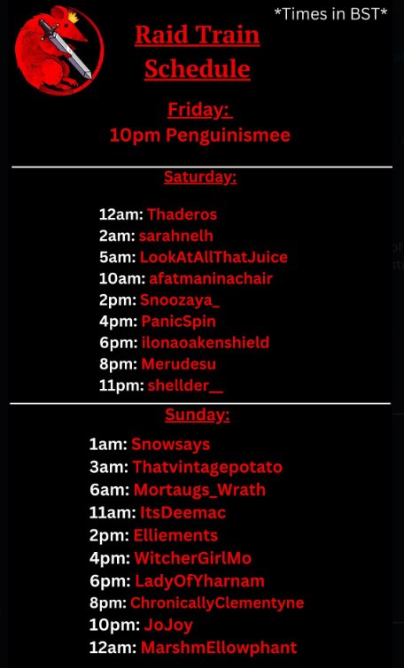 ItsDeemac_'s tweet photo. This is happening right now! Check out these awesome human beings who are part of the Rat Pack Raid Train! I'll be live tomorrow for my part in this at 11am BST. Times are in BST! https://t.co/CYItOiyzwb