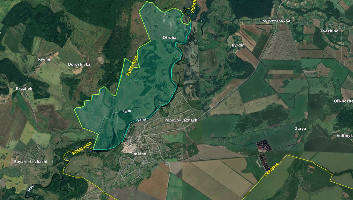 JulianRoepcke's tweet photo. #NewsMap
Multiple Russian sources report that the Russian army surrendered another 15 square kilometers of #Kursk oblast to Ukraine, withdrawing its forces over the #Seym river and handing the village #Otruba to the Ukrainians (which might not yet be there). https://t.co/LeA1O4ilXv