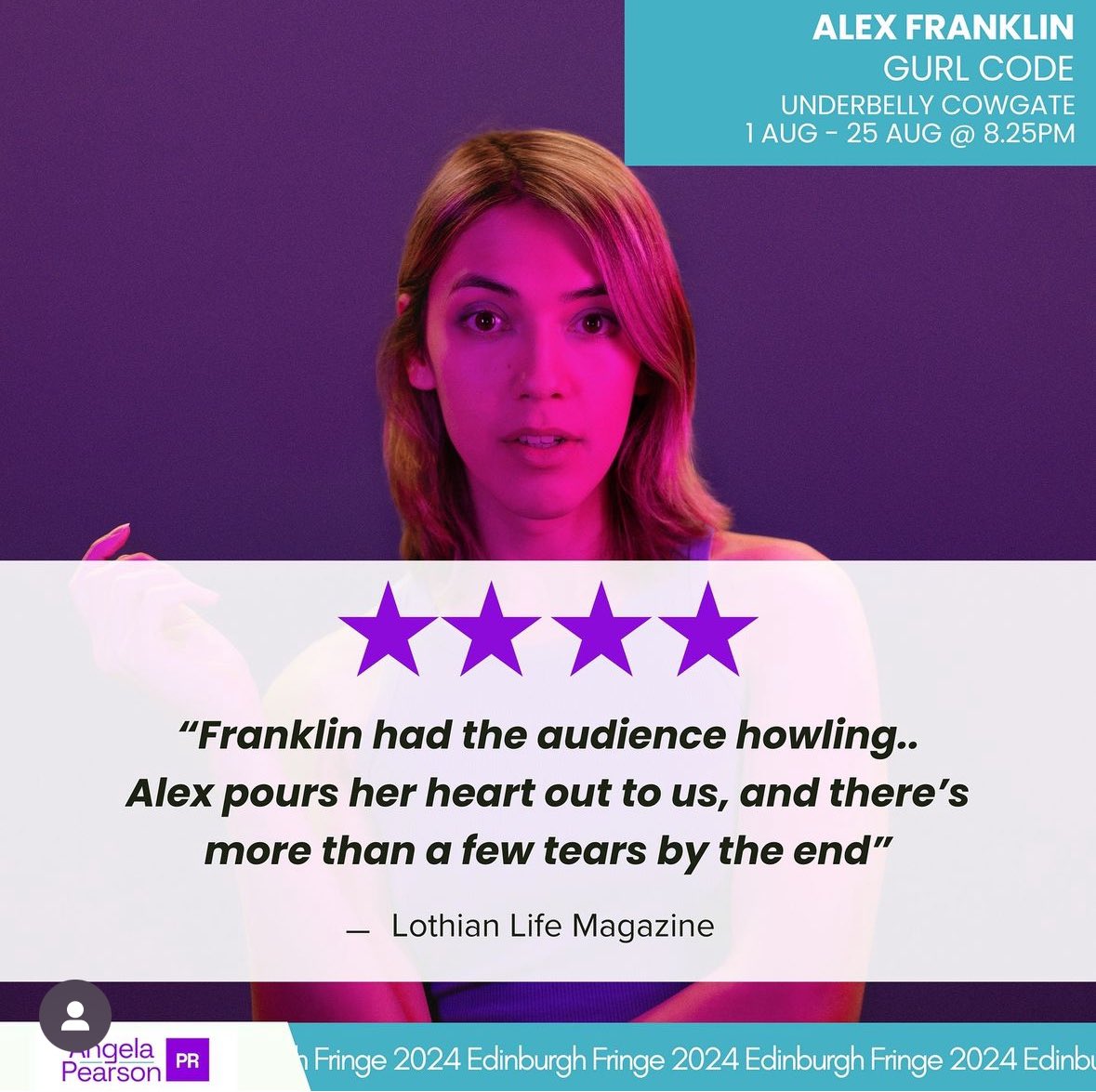 Angela Pearson (@pearson_ange) on Twitter photo “Franklin had the audience howling” ⭐️⭐️⭐️⭐️ for @AWildFranklin from <a href="/LothianLife/">Lothian Life</a> magazine 👏
Catch Alex Franklin’s Gurl Code <a href="/followthecow/">Underbelly Edinburgh</a> Underbelly Cowgate @ 8.25pm
Tix: <a href="/edfringe/">Edinburgh Festival Fringe</a>
Review: lothianlife.co.uk/2024/08/alex-f…
#UnleashYourFringe #EdFringe #Edinburghfestival #edfringe24 “Franklin had the audience howling” ⭐️⭐️⭐️⭐️ for @AWildFranklin from <a href="/LothianLife/">Lothian Life</a> magazine 👏
Catch Alex Franklin’s Gurl Code <a href="/followthecow/">Underbelly Edinburgh</a> Underbelly Cowgate @ 8.25pm
Tix: <a href="/edfringe/">Edinburgh Festival Fringe</a>
Review: lothianlife.co.uk/2024/08/alex-f…
#UnleashYourFringe #EdFringe #Edinburghfestival #edfringe24