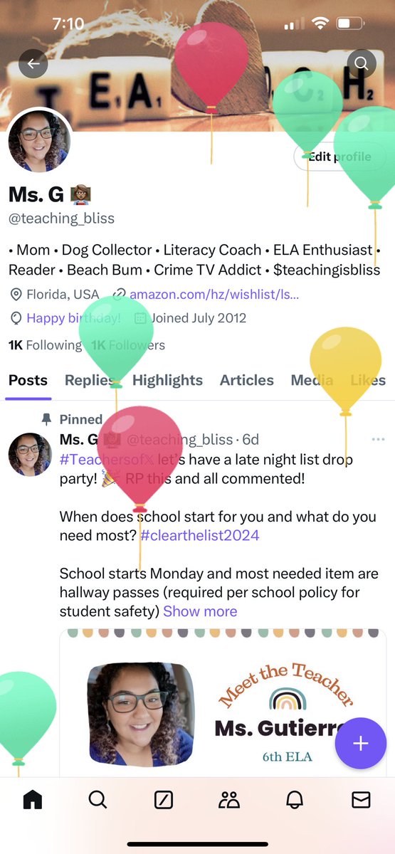 teaching_bliss's tweet image. Hey #Teachersof𝕏 and #ClearTheLists2024 👼🥷🧚…
IT’S BALLOON DAY! 🥳💜🎉

For my birthday, I would love a book for my classroom library or a sprinkle 🙏🏽♥️
📚: amazon.com/hz/wishlist/ls…
Classroom: amazon.com/hz/wishlist/ls…

Teachers, let’s make it a party! 🎉 Drop your list and RP…