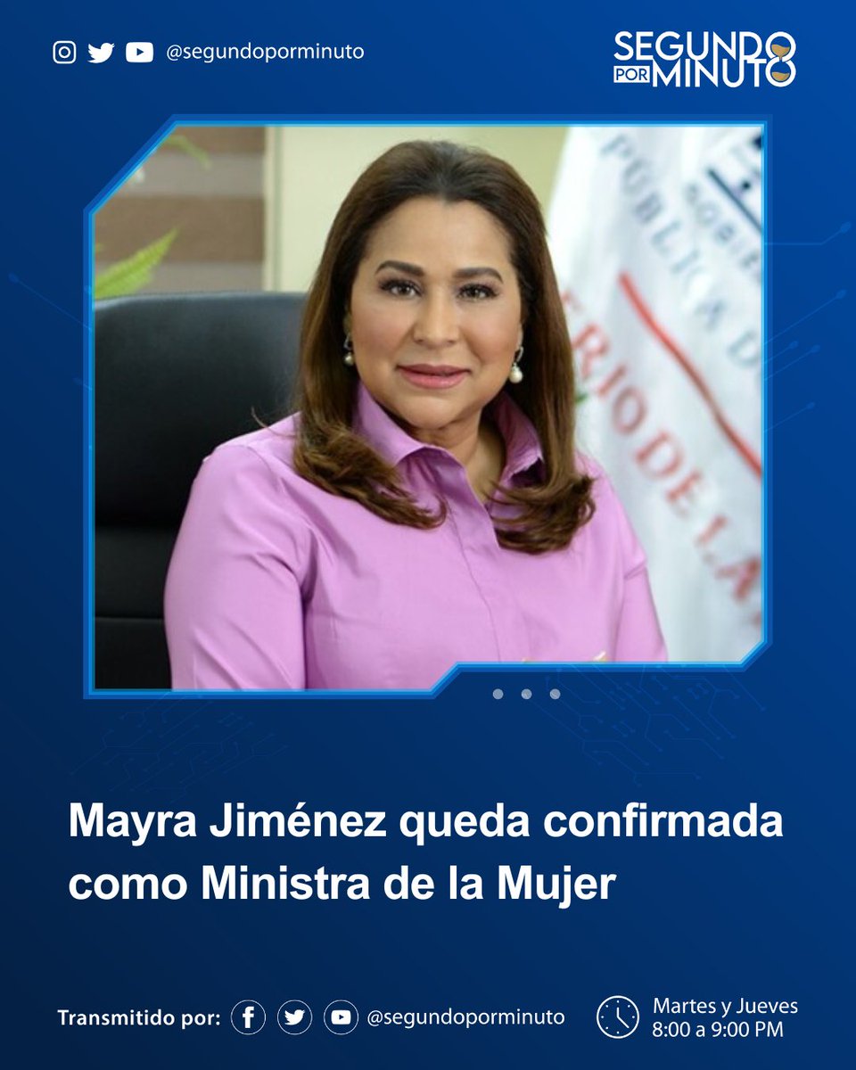 SegundoPorMinut's tweet photo. El presidente de la República, Luis Abinader (@luisabinader), confirmó a Mayra Jiménez (@MayrajimenezTFJ) como Ministra de la Mujer (@MMujerRD).
¿Qué opinas?
#SegundoPorMinuto
#MayraJiménez
#MinistraDeLaMujer
#GabineteLA
#SegundoMandato https://t.co/ZLcvFmpd94