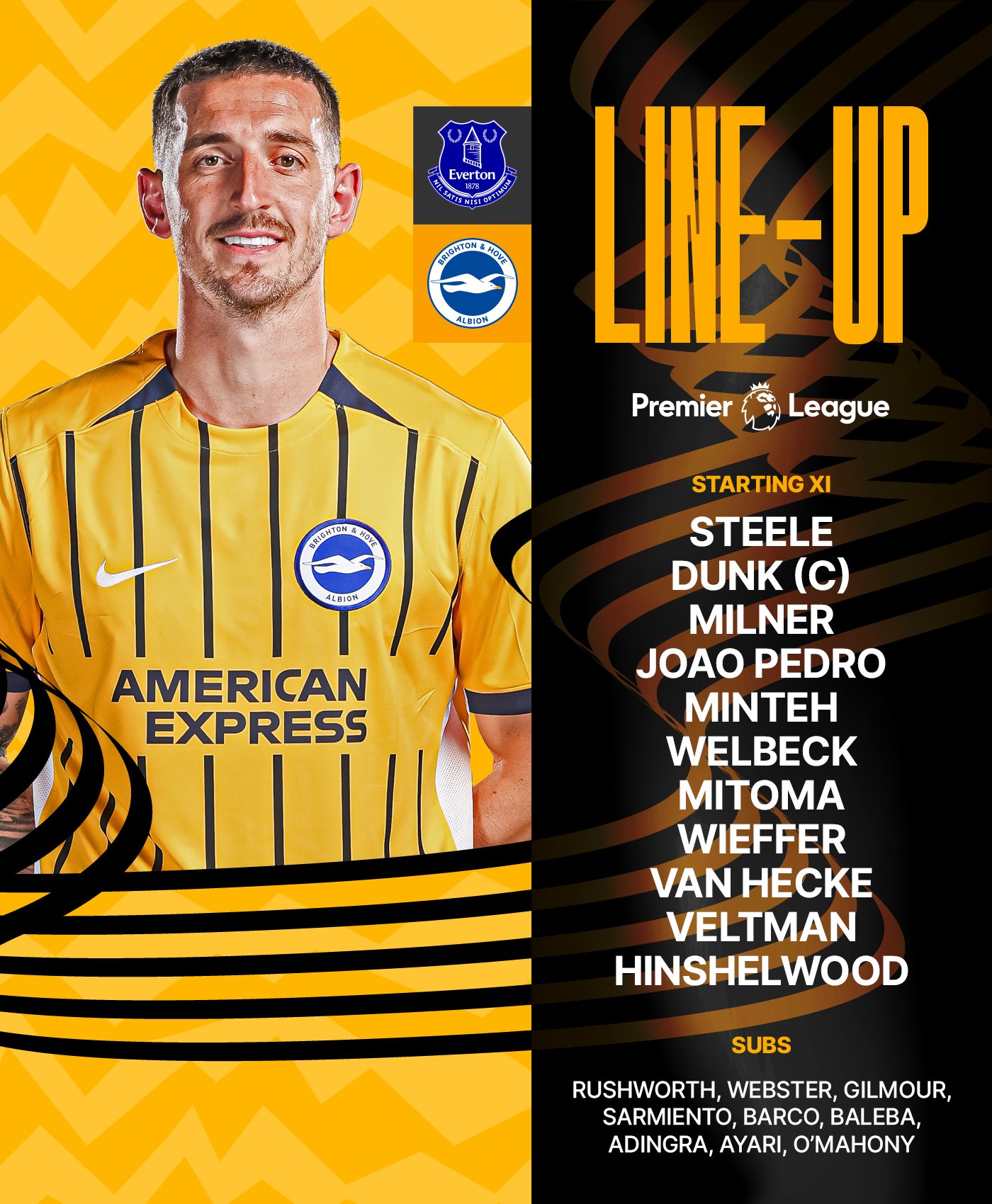 Albion's team graphic for today's match v Everton, featuring an image of Dunky facing the camera:

Steele, Dunk, Milner, Joao Pedro, Minteh, Welbeck, Mitoma, Wieffer, van Hecke, Veltman, Hinshelwood. Subs: Rushworth, Webster, Gilmour, Sarmiento, Barco, Baleba, Adingra, Ayari, O'Mahony. 

Come on Albion!