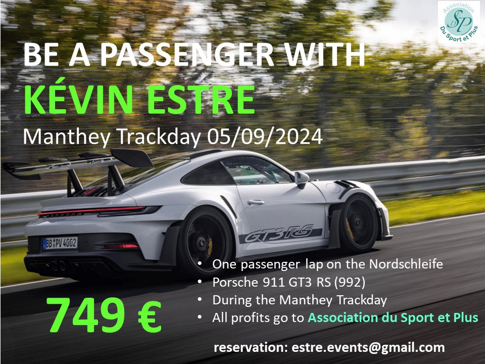 kevin estre (@kevinestre) on Twitter photo Want to sit beside me on the Nordschleife? As every year I will join the Manthey Trackday with a GT3RS and bring people around as fast as I can! All the profit goes to the charity <a href="/dusportetplus/">Association Du Sport et Plus</a> to help kids in hospital! Send a mail to estre.events@gmail.com to book your lap! Want to sit beside me on the Nordschleife? As every year I will join the Manthey Trackday with a GT3RS and bring people around as fast as I can! All the profit goes to the charity <a href="/dusportetplus/">Association Du Sport et Plus</a> to help kids in hospital! Send a mail to estre.events@gmail.com to book your lap!