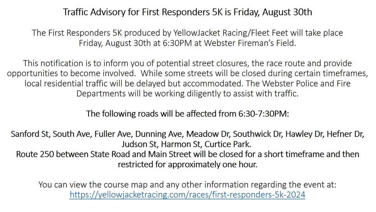 Fleet Feet Rochester (@fleetfeetroc) on Twitter photo Traffic Advisory for First Responders 5K on Friday, August 30th
You can view the course map and any other information regarding the event at: yellowjacketracing.com/races/first-re…
<a href="/TownofWebsterNY/">Webster, NY</a> <a href="/WebsterNYPolice/">WebsterNYPolice</a> <a href="/WebVillageNY/">VillageofWebsterNY</a> <a href="/WebsterFireDept/">Webster Vol. Fire NY</a> Traffic Advisory for First Responders 5K on Friday, August 30th
You can view the course map and any other information regarding the event at: yellowjacketracing.com/races/first-re…
<a href="/TownofWebsterNY/">Webster, NY</a> <a href="/WebsterNYPolice/">WebsterNYPolice</a> <a href="/WebVillageNY/">VillageofWebsterNY</a> <a href="/WebsterFireDept/">Webster Vol. Fire NY</a>
