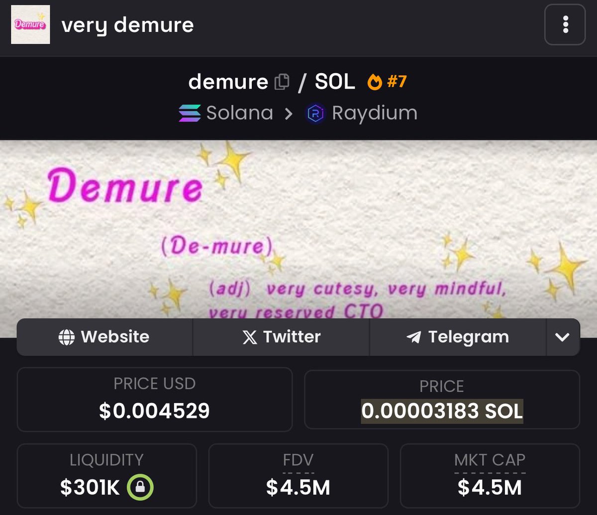 SntTrader_'s tweet photo. $Demure has grown my interest for it over the past few days.

It’s been holding pretty well, breaking ATH and winning PvPs, and I can already see and feel why.

This is a new trend that has been growing at a rapid rate, even the analytics say so.

10x already for us and it could’ve been you too

its got potential to go even higher if the market lets it.

@verydemuresol