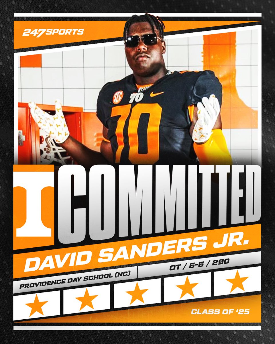 247Sports's tweet photo. BREAKING: 5⭐️ OT David Sanders Jr. — the No. 1 OT in the country — has committed to Tennessee @Vol_Football 🍊

The No. 3 overall player in the country becomes the highest-rated player in the Vols’ 2025 recruiting class. 

https://t.co/7yENvpRAvK https://t.co/o9XxcYVPw7