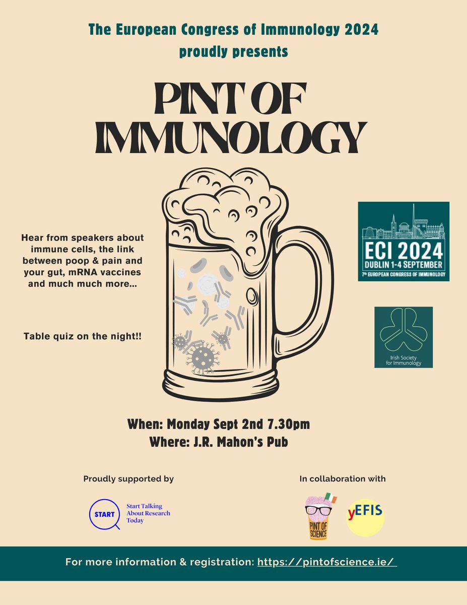 Pint of Science IE (@pintofscienceie) on Twitter photo Join us and <a href="/Irishimmunology/">Irish Immunology</a> at #ECI2024 for a night of talks with #immunology researchers <a href="/SamMurray13/">Sam Murray</a> <a href="/Diiind/">Hind Hussein 🌈🖤🩶💜🍉</a> <a href="/nanaborsa/">Mariana Borsa (she/her)</a> and John McGrath🦠
🕢 Monday, September 2nd at 7.30pm
📍 <a href="/jrmahons/">J.R. MAHON'S</a>, Dublin
🎟️ FREE (and limited!) tickets are on our site now! 👉 tinyurl.com/2u86k8dd Join us and <a href="/Irishimmunology/">Irish Immunology</a> at #ECI2024 for a night of talks with #immunology researchers <a href="/SamMurray13/">Sam Murray</a> <a href="/Diiind/">Hind Hussein 🌈🖤🩶💜🍉</a> <a href="/nanaborsa/">Mariana Borsa (she/her)</a> and John McGrath🦠
🕢 Monday, September 2nd at 7.30pm
📍 <a href="/jrmahons/">J.R. MAHON'S</a>, Dublin
🎟️ FREE (and limited!) tickets are on our site now! 👉 tinyurl.com/2u86k8dd