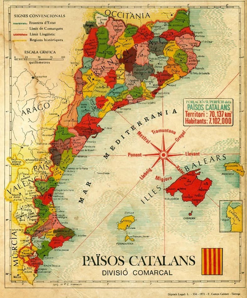 Els Països Catalans tenen 70.520 km² i 14,7 milions d'habitants.

Són l'àrea de parla autòctona valenciana, amb cultura, història i passat compartits —com Hispanoamèrica o la Francofonia— si bé, adesiara, també motiu d'aspiració política i antirrepresiva.

ca.wikipedia.org/wiki/Pa%C3%AFs…