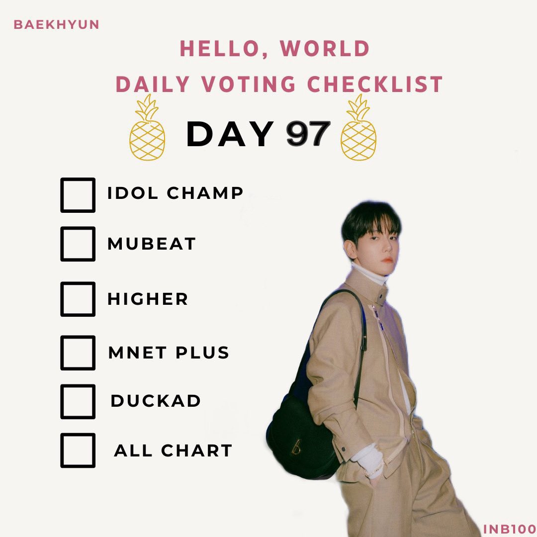 BBHLand04's tweet photo. [Daily Voting Checklist]🍍
Have you collected your Votes? Hurry up to do and don’t forget to use these hashtags, too. ❤️

BAEKHYUN HELLO WORLD TEASER 
#Hello3rdConceptPhoto
#Hello_Baekhyun_D19
#백현 #BAEKHYUN 
@BAEKHYUN_INB100
@B_hundred_Hyun https://t.co/4egPJFpmlu