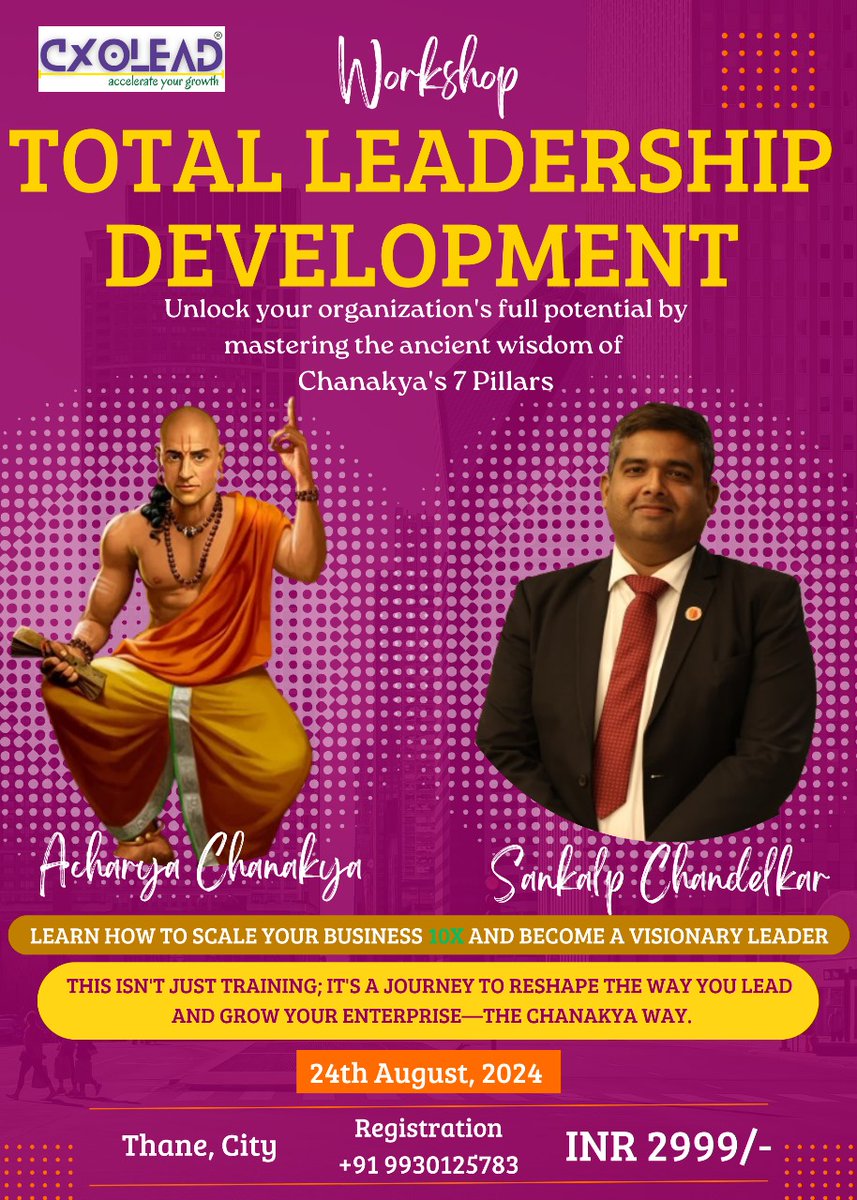 Total Leadership Development Program: 12Hours, 7 Pillars of Transformation

Unlock your organization's full potential by mastering the ancient wisdom of Chanakya's 7 Pillars. 

In just 12 intense hours , you'll dive deep into strategic thinking, business transformation.