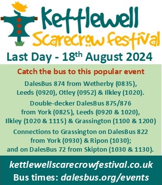 It's the last day of Kettlewell Scarecrow Festival tomorrow! 
Go by bus for a great day out, with double-decker buses 875 &amp; 876 from Leeds, Ilkley and Grassington. 
All single fares just £2 (£1 for under 19s)
kettlewellscarecrowfestival.co.uk 
dalesbus.org/events