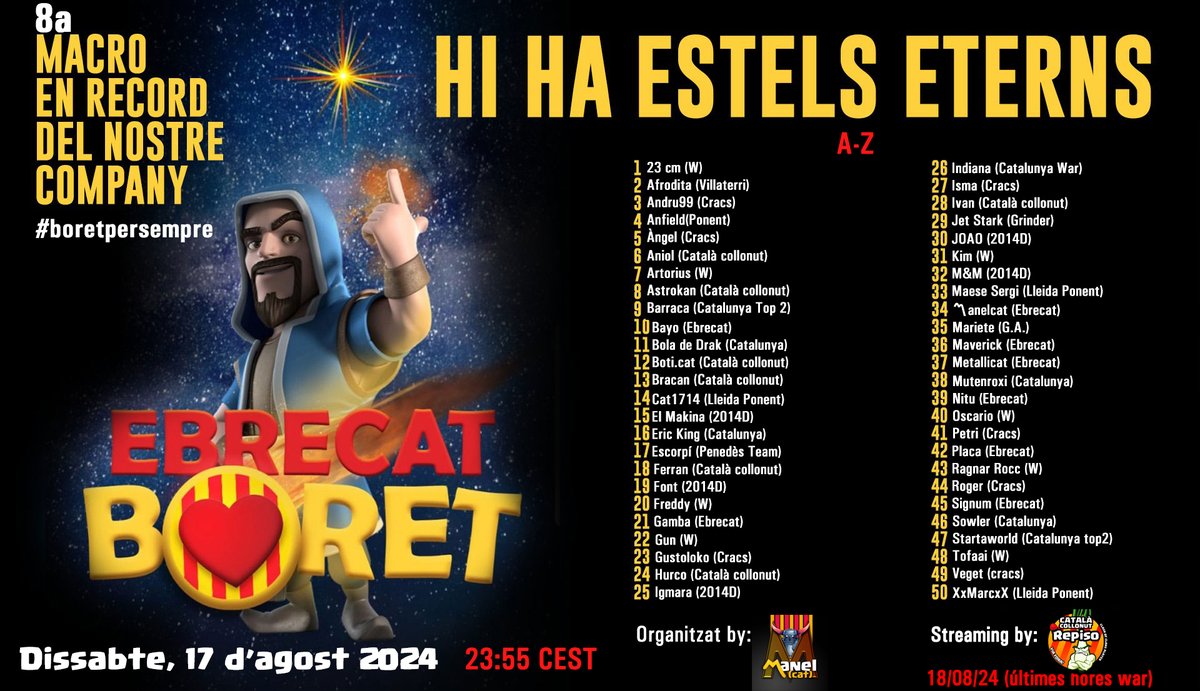 Com cada agost, reunió semestral, en honor a la persona que ha fet ser el que som al menys a <a href="/ebrecatcoc/">Ebrecat❤Boret</a> i fa que ens unim (mantenint la flama) de la comunicat catalana del #clashofclans. Com sempre retransmissió de les hores finals, a càrrec d' <a href="/iwain16/">Repiso</a>.  #persempreboret
