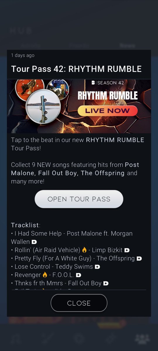 BeatstarNews's tweet photo. El nuevo pase de gira "Rhythm Rumble" ha dado su inicio!
Y con esta temporada vienen las siguientes canciones disponibles en el respectivo cofre https://t.co/Qcltc2Rffv