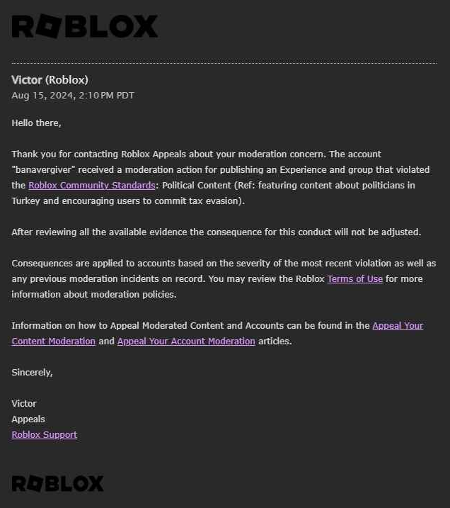 TheBetaDev's tweet photo. Roblox Vergiden Kaçma oyunu "Politikacılar hakkında içerik barındırma ve vergi kaçakçılığına teşfik etme" sebebiyle kaldırıldı. #SaveRoblox https://t.co/naE80zE6P1