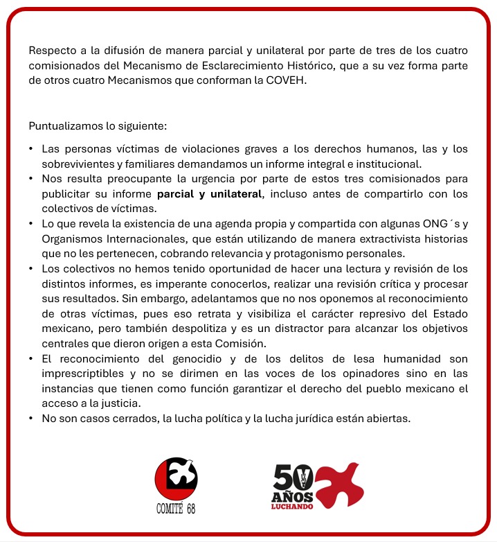 comite68's tweet photo. Sobre el Informe de la @covehmx que no es todo el informe final, sino solo una parte del informe que debería de presentar la @SEGOB_mx les compartimos lo siguiente 👇🏽 https://t.co/KpXHccrHBf