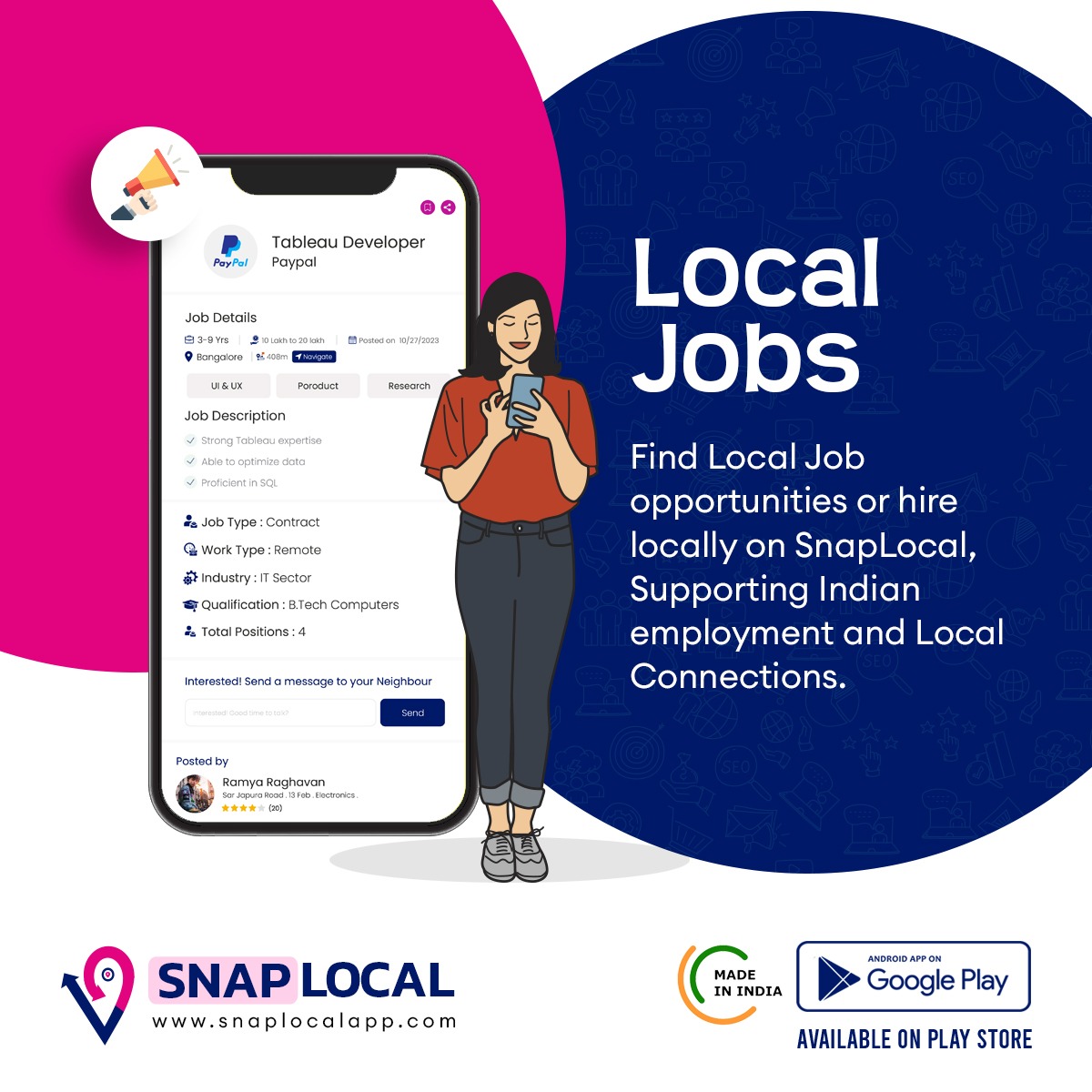 SnapLocalApp's tweet photo. Looking for Local Jobs? Or want to hire locally? 

Discover job opportunities in your neighbourhood with SnapLocal! 🌟 Supporting Indian employment and fostering local connections. Find jobs or hire talent right from your community.

https://t.co/UIodlVCXFd

#localJobs #hiring https://t.co/6oIdcpo1ID